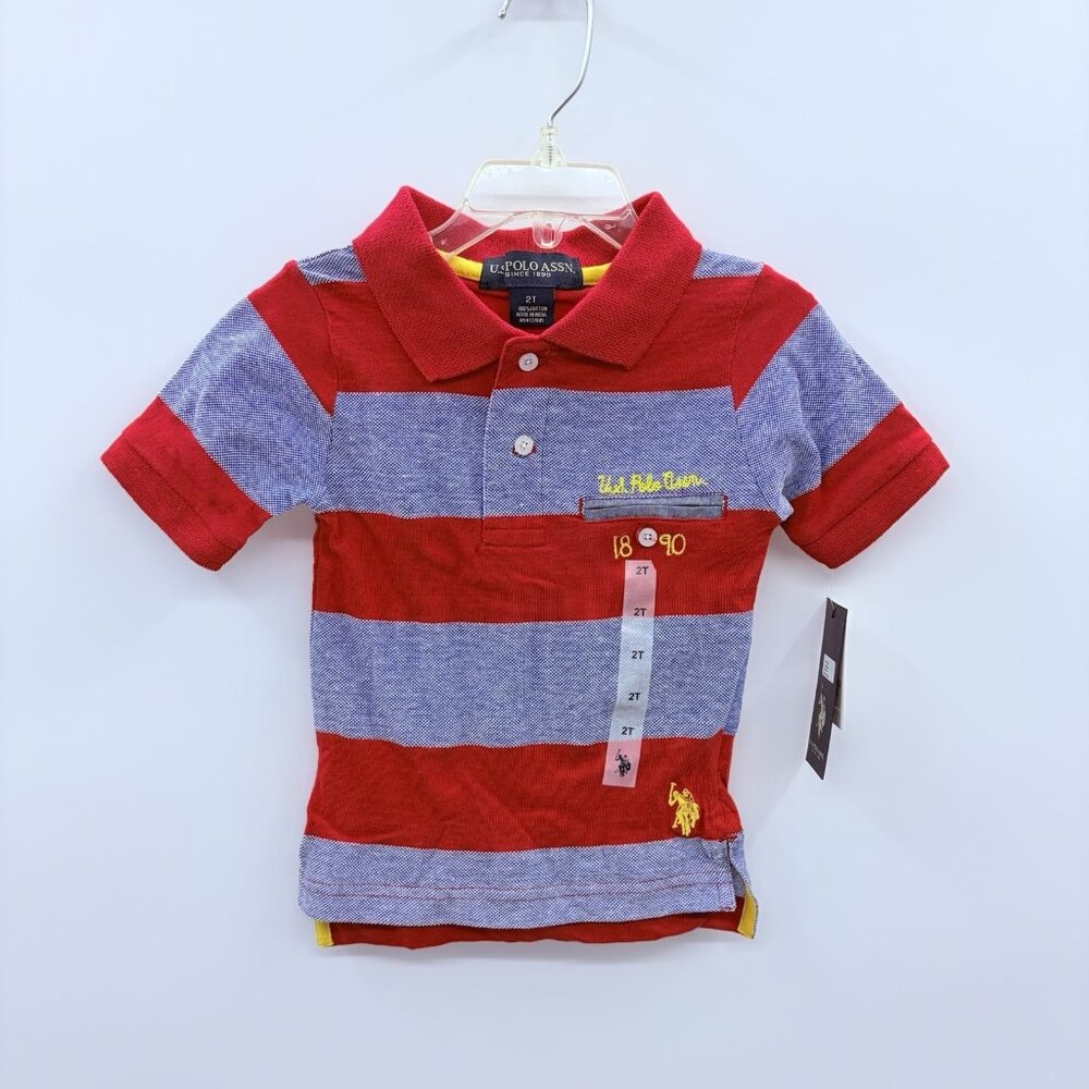 US Polo Assn. Toddler Boys Size 2T Rugby Stripe Short Sleeve Polo Shirt Red 884